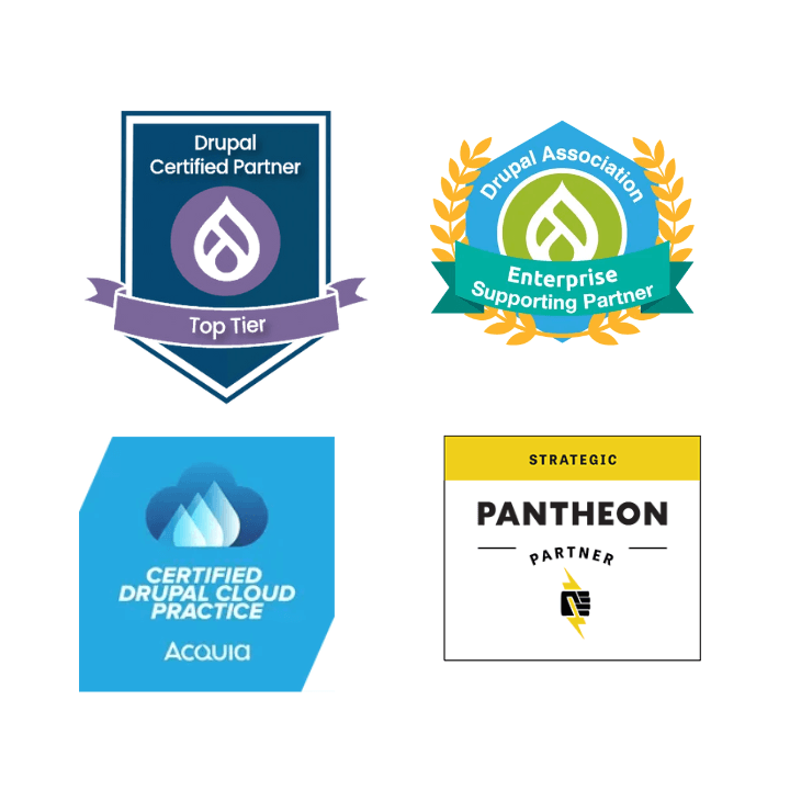 Top Tier Drupal certified, enterprise partner, Acquia and Pantheon partner badges 